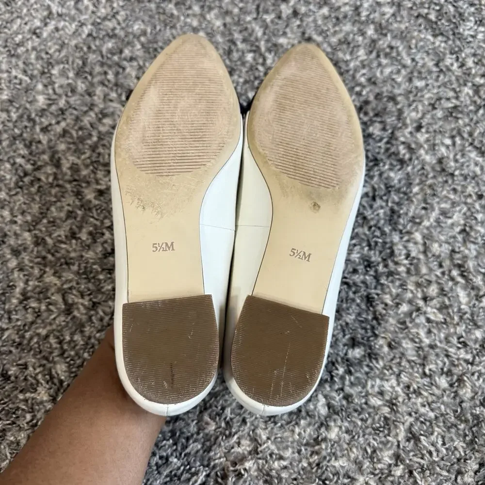 TALBOTS Size 5.5 M Edison Embellished Nappa Leather Cap Toe Flats Ivory Navy
